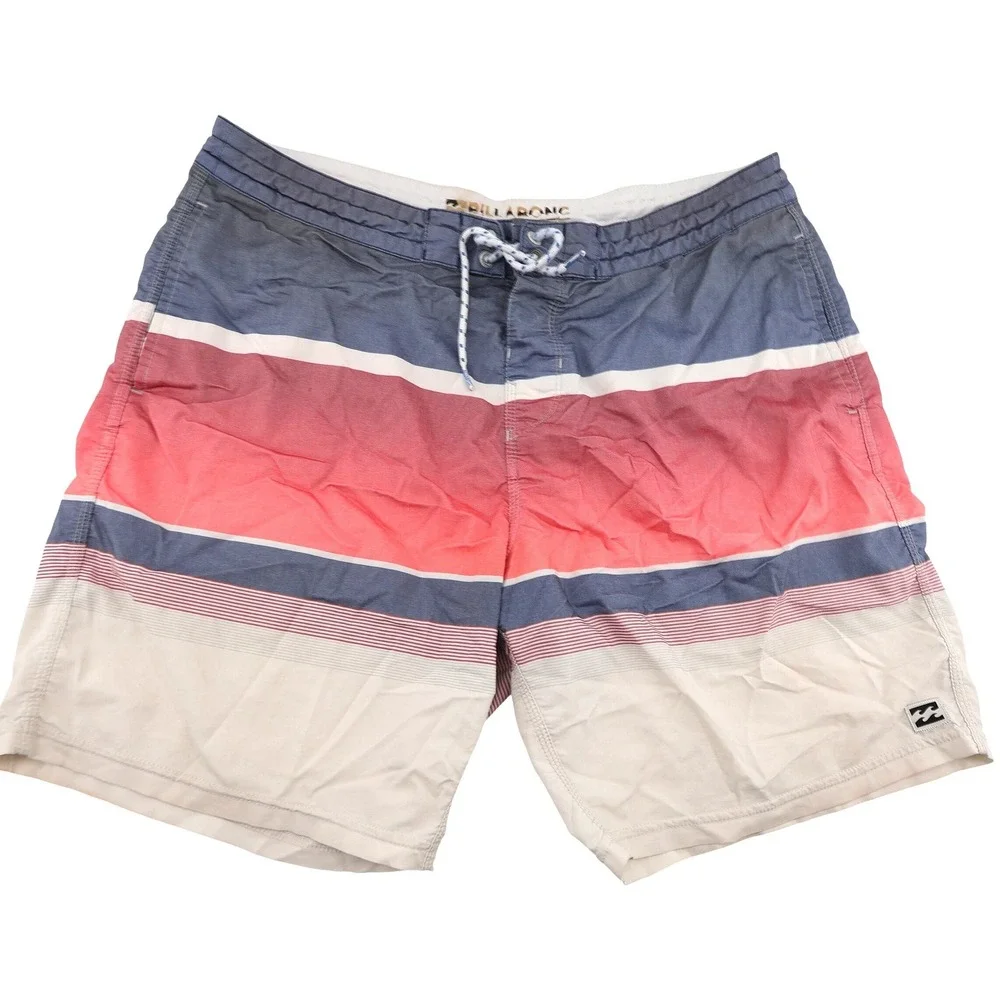 Billabong Lo‎ Tides Striped Ombre Board Shorts Blue Red Mens Size 34 Inseam 8